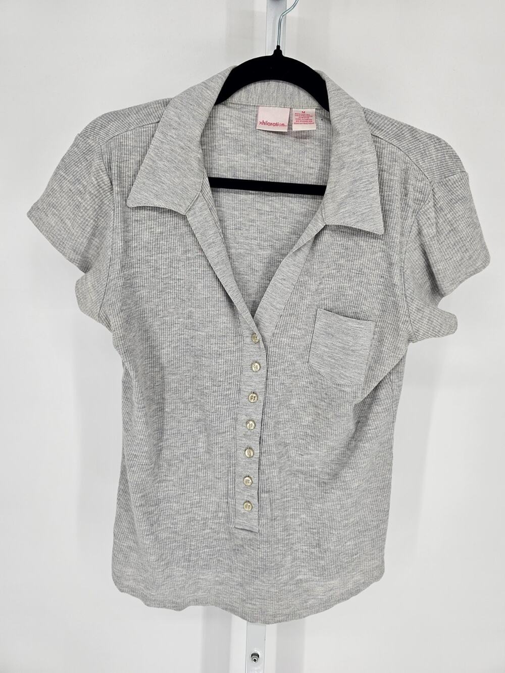 Vintage Y2K Xhilaration Womens Sz M Short Sleeve Polo Shirt Light Gray Ribbed